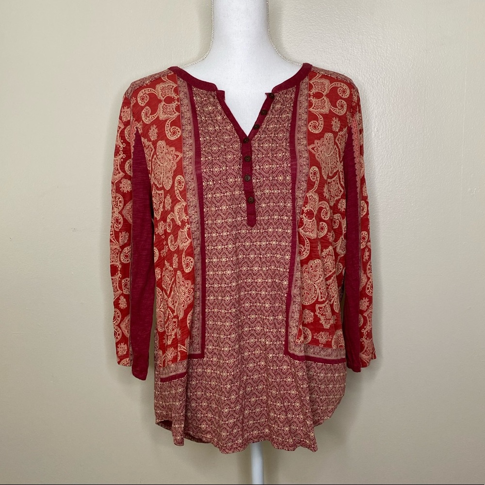 Lucky Brand Red And Gold Peasant Henley Top